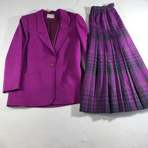 Vintage Pendleton 100% Wool Blazer Jacket Skirt SUIT Purple Tartan Plaid Size 8